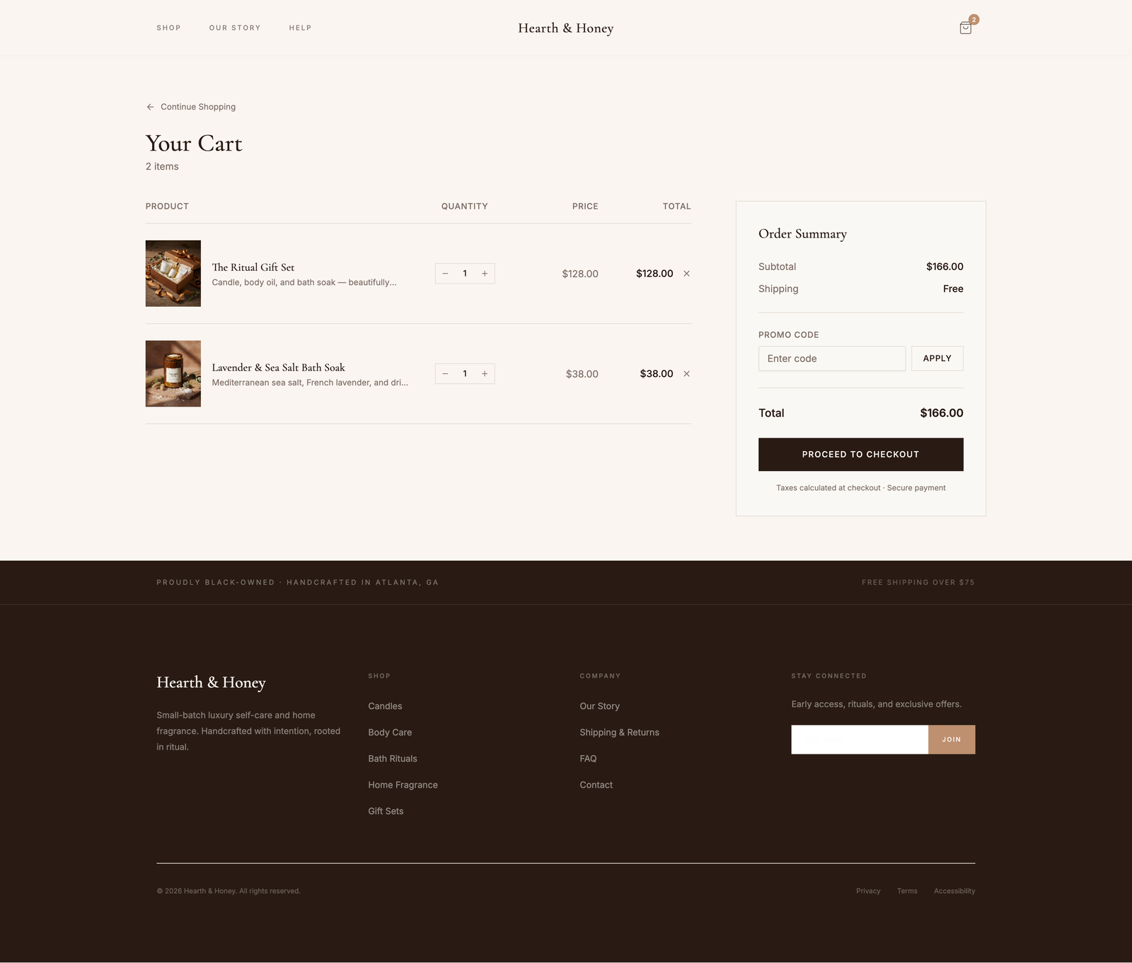 Hearth and Honey cart page