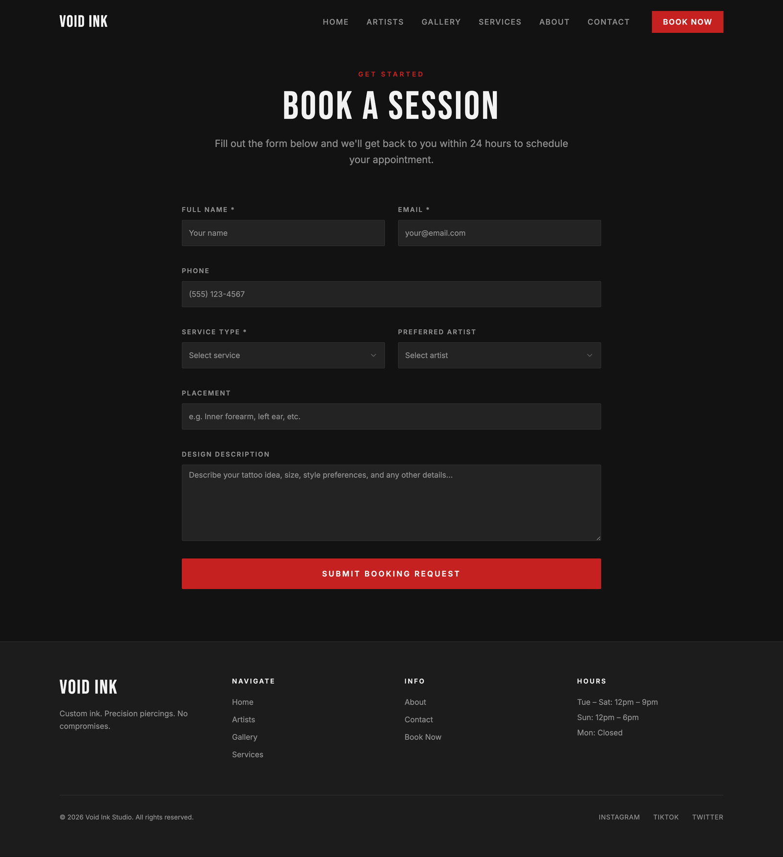 Void Ink booking page